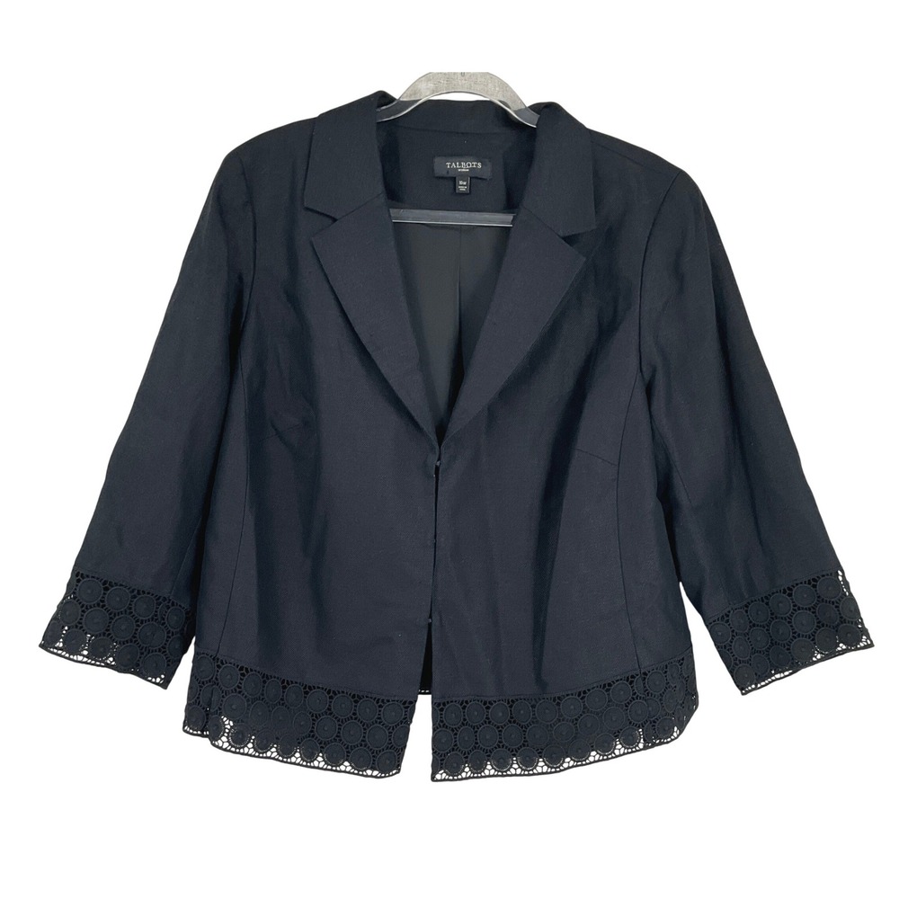 Talbots Blazer Women 16W Black Linen Cotton Crochet Lace Trim Chic Career Jacket